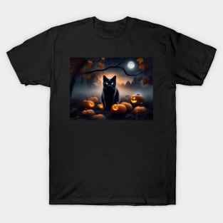 A sleek black cat on Halloween night T-Shirt